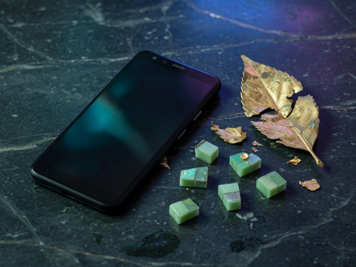 A phone on dark marble beside mint tesserae and a gilt leaf.